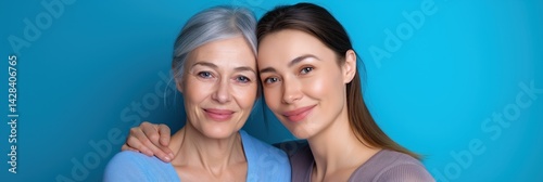 Obraz na płótnie Two women are smiling at the camera. One is older and the other is younger. They are both wearing blue shirts w salonie