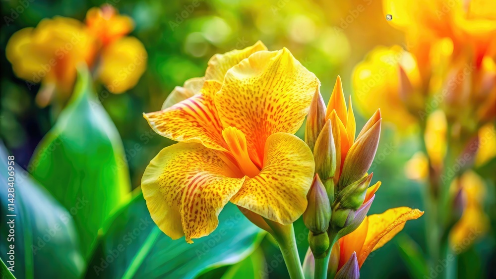 Fototapeta premium Golden Canna Lily Close Up, Macro Photography, Vibrant Yellow Flower, Botanical Garden, Floral Details, Nature Photography, Canna Flower Bloom