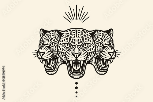 Three roaring leopard heads in bold vintage engraving style