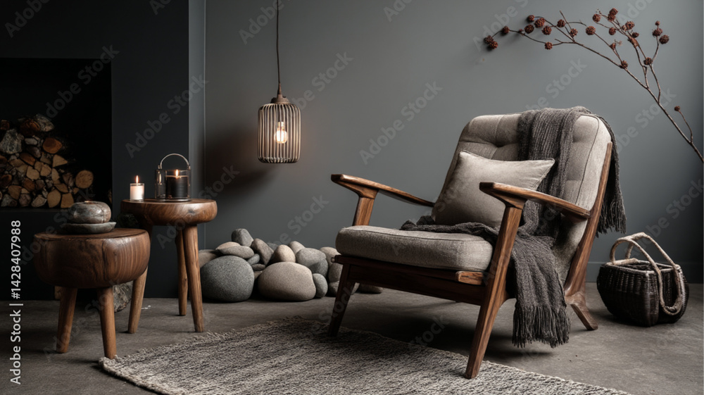 Minimalist Armchair and Side Tables in Cozy Neutral-Toned Living Space with copy space for text