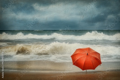 Obraz na płótnie A vibrant red umbrella stands tall on a sandy beach amid crashing waves. The dramatic sky adds an artistic touch. Perfect for beauty and nature lovers. Ideal for travel or lifestyle themes. AI w salonie