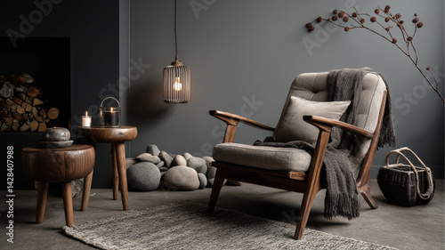 Obraz na płótnie Minimalist Armchair and Side Tables in Cozy Neutral-Toned Living Space with copy space for text w salonie