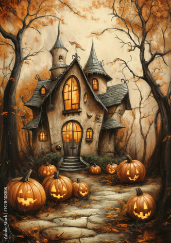 Hand-Painted Halloween Backdrops Featuring a Spooky Haunted House and Festive Decor