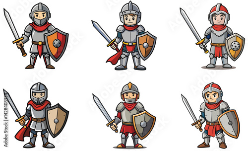 Medieval knight in shiny armor with a sword-and sheild cartoon vector art set design