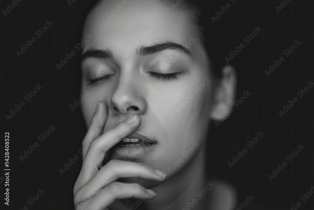 Intimate Reflection The black and white close-up image captures a woman's face in a moment of introspection.