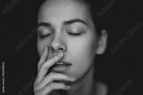 Obraz na płótnie Intimate Reflection The black and white close-up image captures a woman's face in a moment of introspection. w salonie