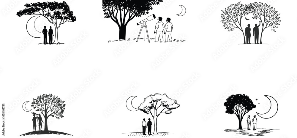 Fototapeta premium Men looking moon under a tree unique hand drawn line art vector art set design