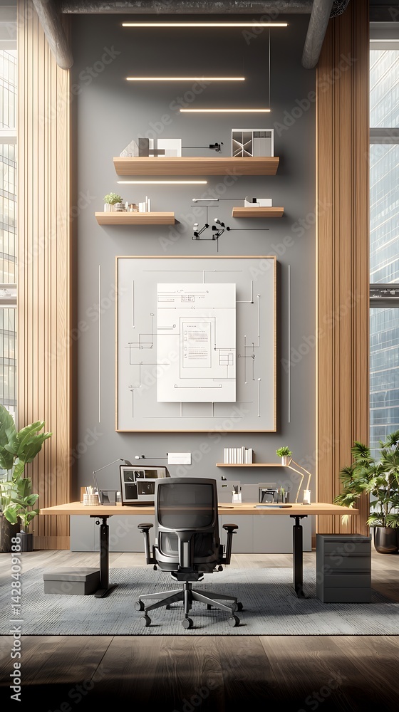 Fototapeta premium Modern office with desk, chair, shelves, art, and greenery, bright space