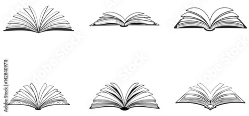 Open book unique hand drawn line art silhouette vector set design