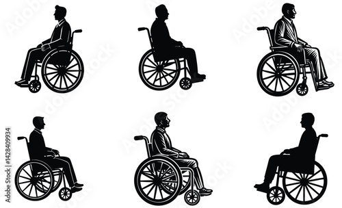 Patient sitting on wheal chair unique silhouette black vector art set design