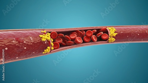 Artery with blockage: An up-close depiction of a blocked artery, a vivid display of red blood cells, and cholesterol deposits. Illustrating the complex effects of arterial blockages. 