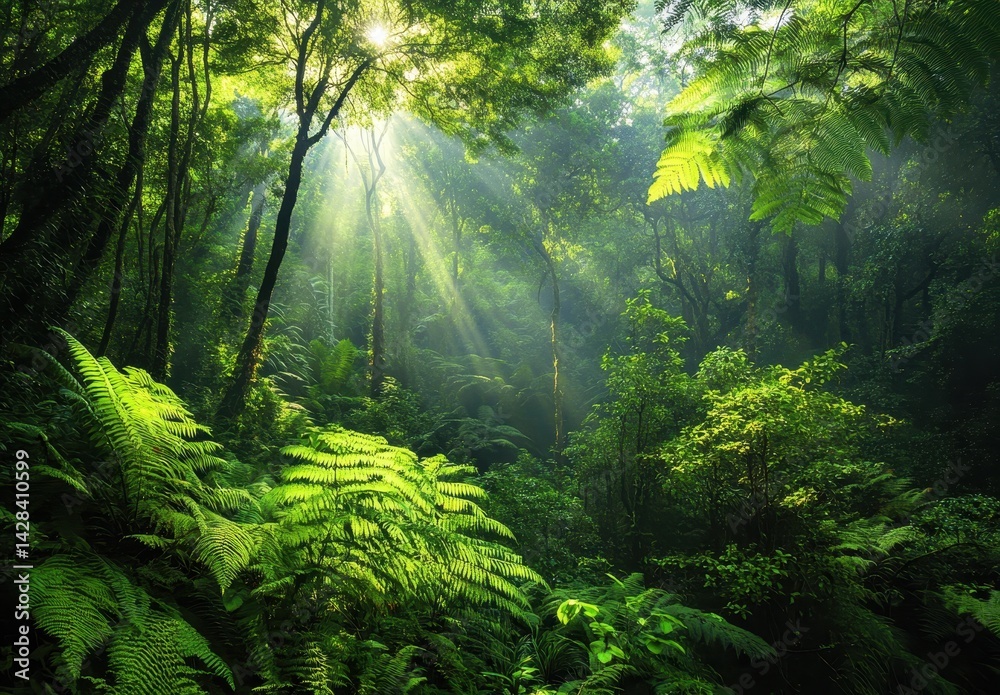 Obraz premium Lush Green Forest with Sunlight Streaming Through Trees, Emphasizing Vibrant Foliage and Dense Vegetation in a Serene Natural Environment