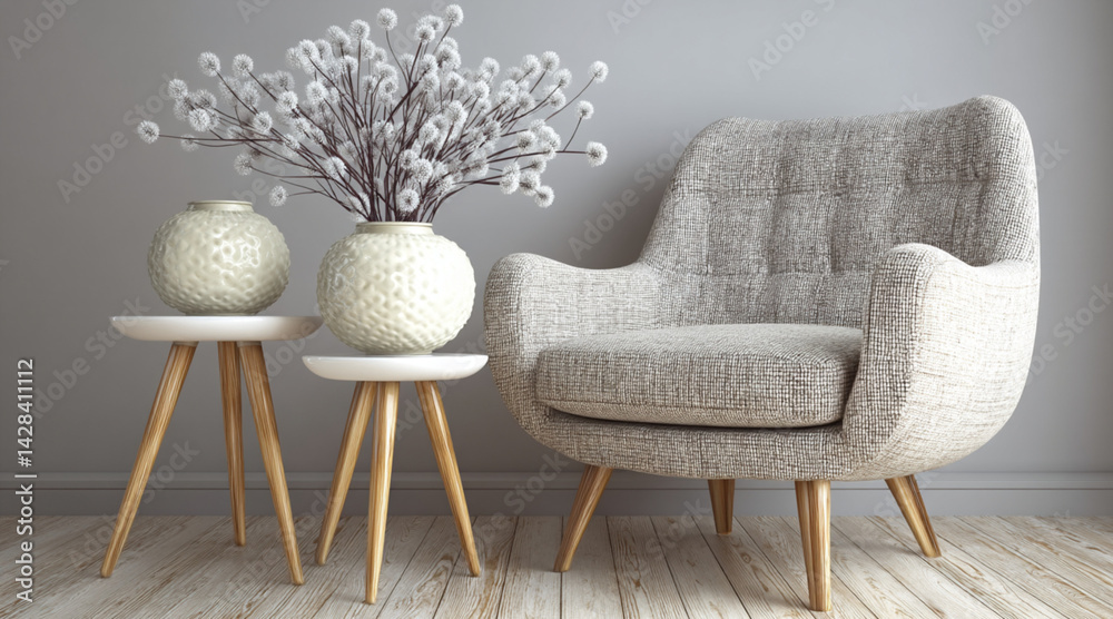 Minimalist Armchair and Side Tables in Cozy Neutral-Toned Living Space with copy space for text
