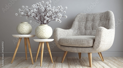 Obraz na płótnie Minimalist Armchair and Side Tables in Cozy Neutral-Toned Living Space with copy space for text w salonie