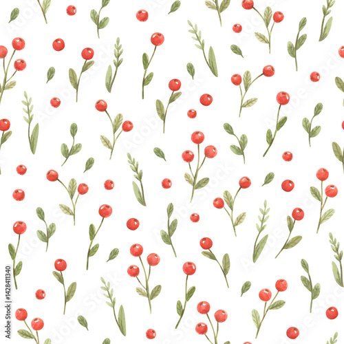 Pattern with forest red berries. Watercolor hand-drawn seamless texture with cowberry on white background. Children pattern for textile or wrapping paper