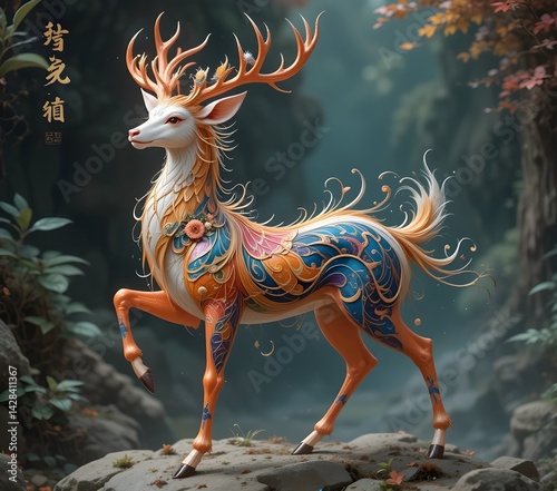 In Chinese culture and folklore, the Nine-Colored Deer is a mythical creature known for its beauty and magical properties. It is often depicted as a benevolent and divine being, symbolizing grace