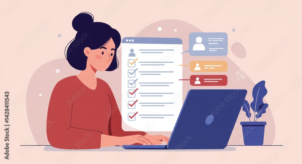 Obraz premium Woman types on laptop with checklist and profile icons in background.