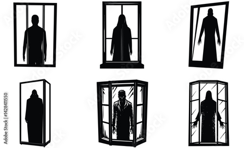 Shadowy figure behind frosted glass silhouette vector art set design