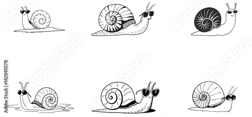Snail with sunglass unique hand drawn line art silhouette vector set design