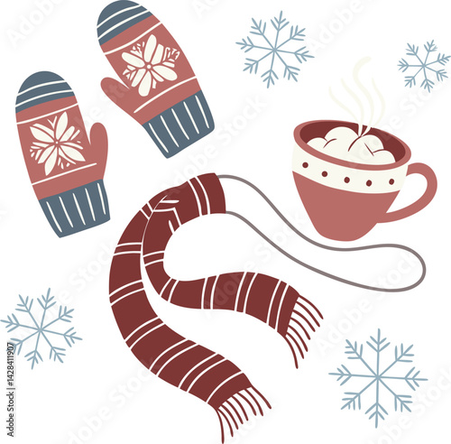 Cozy winter still life illustration with hot cocoa, scarf, and decorative mittens