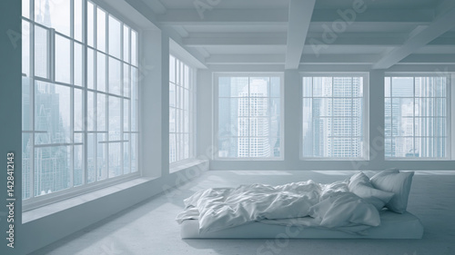Minimalist bedroom interior with large windows and natural light overlooking cityscape with copy space for text