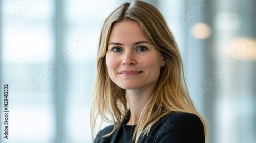 Wallpaper Mural Young woman with a pleasant expression, looking directly at the camera, against a blurred background of modern office space. Torontodigital.ca