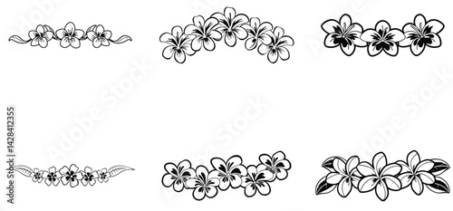 Tropical plumeria flowers hand drawn line art silhouette vector set design