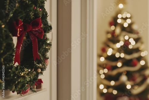 Golden Christmas ornaments and pinecones on a festive tree with wrapped gifts. Warm, elegant holiday composition, ideal for seasonal greetings, product promotion, or home decor inspiration.. photo