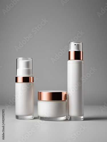 Wallpaper Mural White and rose gold cosmetic containers on gray background Torontodigital.ca
