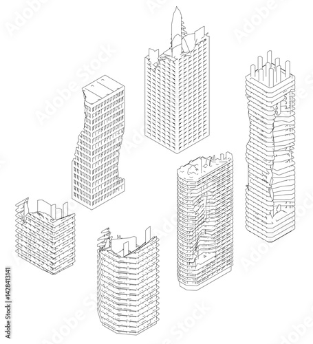 A series of ruined buildings, some of which are leaning or twisted. The buildings are arranged in a row, with some of them being taller than others. Scene is one of chaos and instability. Isometric vi