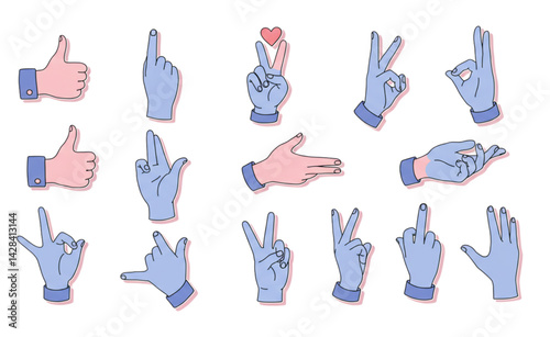 set of hand drawn blue pink hand gestures