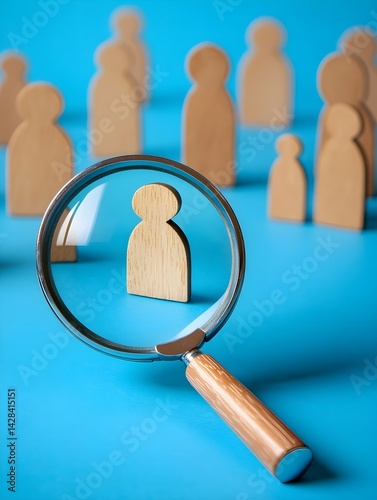 An enlarged symbol of a wooden person moving through a magnifying glass