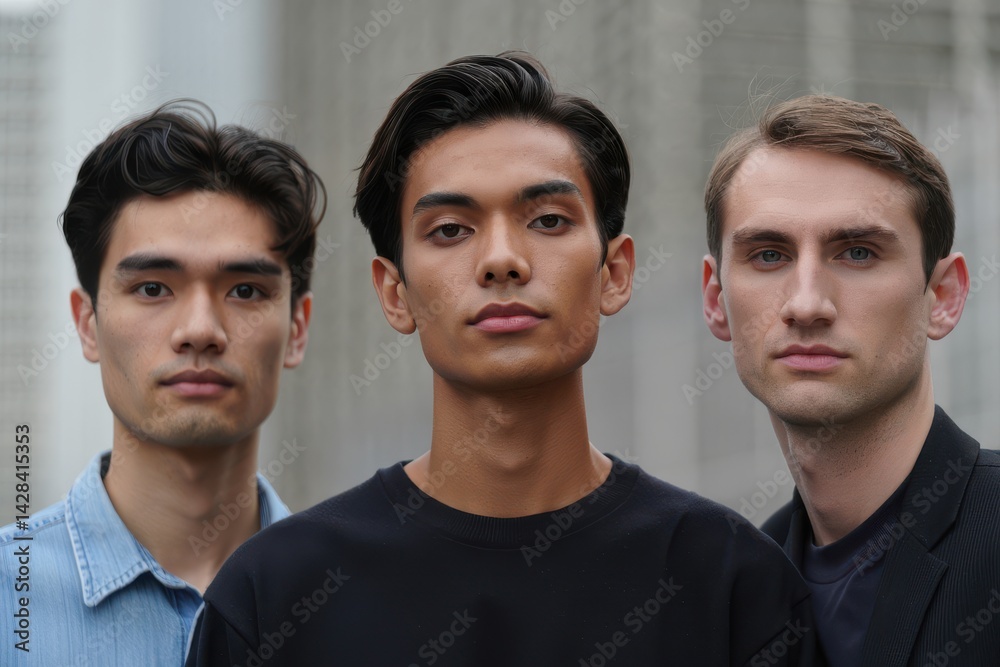 Portrait of multiracial non-binary person in between two male gay friends looking at camera.