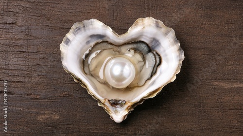 A heart-shaped oyster shell containing a lustrous pearl, resting on a wooden surface, symbolizing beauty and nature's treasures.