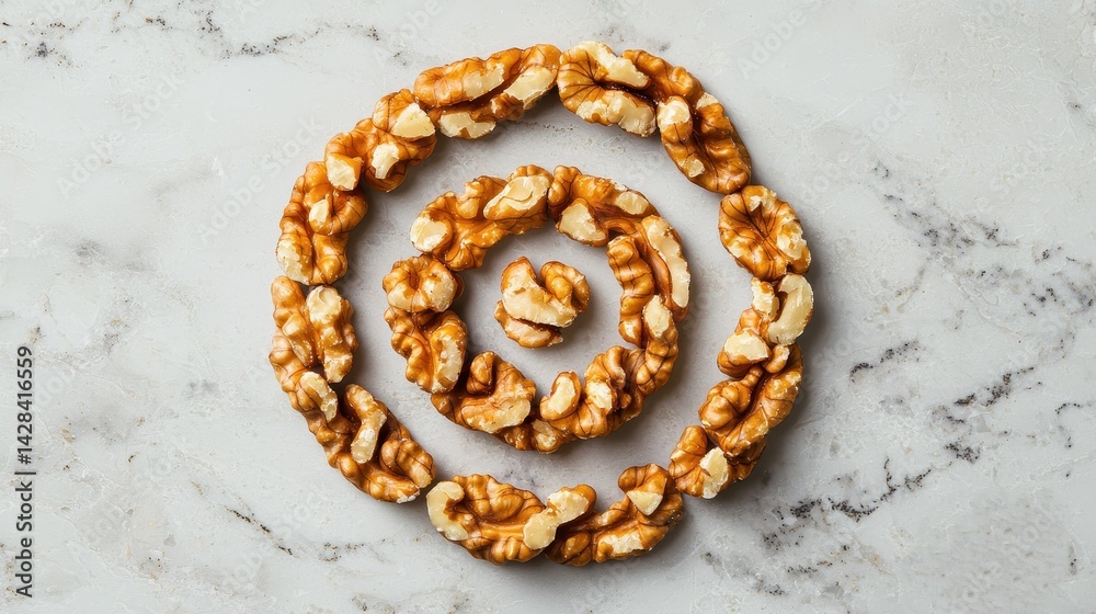 A spiral design made of caramelized walnuts on a smooth, light-colored surface. A spiral design made of caramelized walnuts on a smooth, light-colored surface.