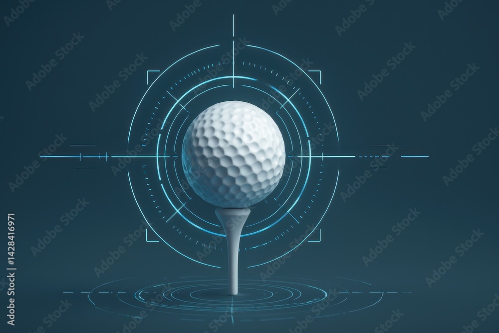 Golf Ball on Tee with Modern Digital Targeting Display Background