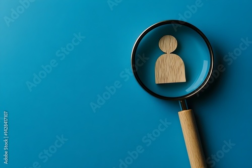 An enlarged symbol of a wooden person moving through a magnifying glass