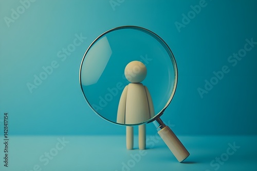 An enlarged symbol of a wooden person moving through a magnifying glass