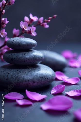 Purple petals and grey stones in tranquil spa setting, relaxation, wellness, purple flower
