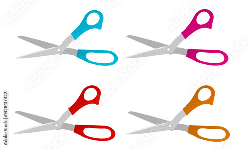 Four pairs of scissors in different colors blue, pink, red, orange. vector illustration.