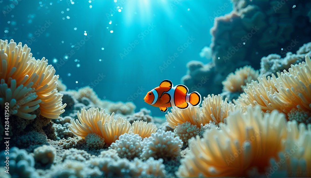 Fototapeta premium Clownfish Swimming Among Coral and Anemones