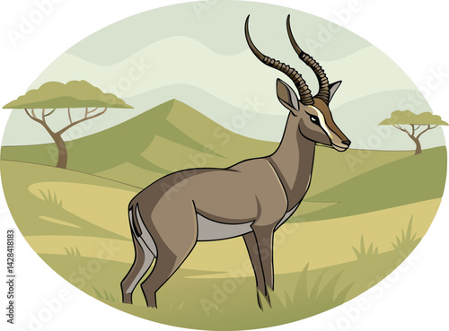Cartoon Antelope in Grasslands Elegant Wildlife Illustration