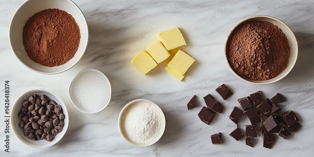 Beautifully arranged baking ingredients on marble surface. Cocoa powder, butter chunks, and chocolate bits create a delicious scene. Perfect for culinary art. AI