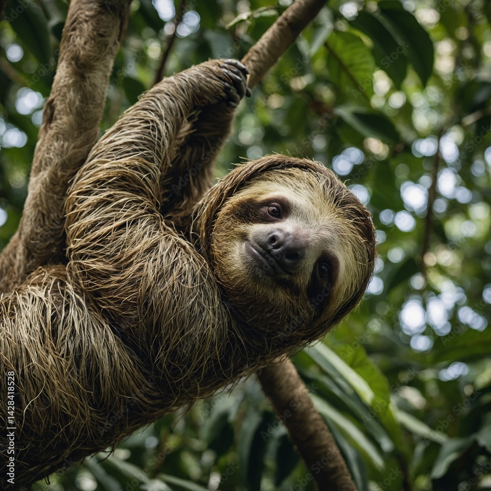 Fototapeta premium Sloth Hanging Upside Down on a Rainforest Tree