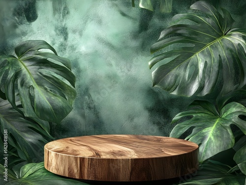 
Photo of a modern, minimalist round podium made of light wood on a background of large leaves