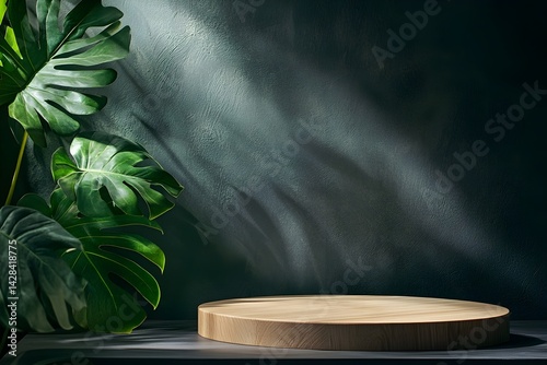 
Photo of a modern, minimalist round podium made of light wood on a background of large leaves