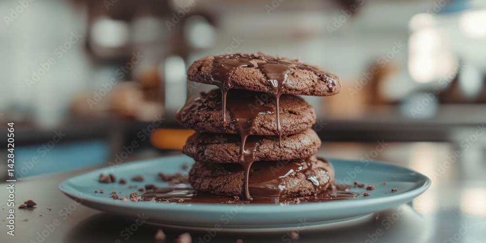 Delicious chocolate chip cookies stacked on a plate. Warm and gooey, these treats are perfect for dessert. Ideal for food photography and baking inspiration. AI