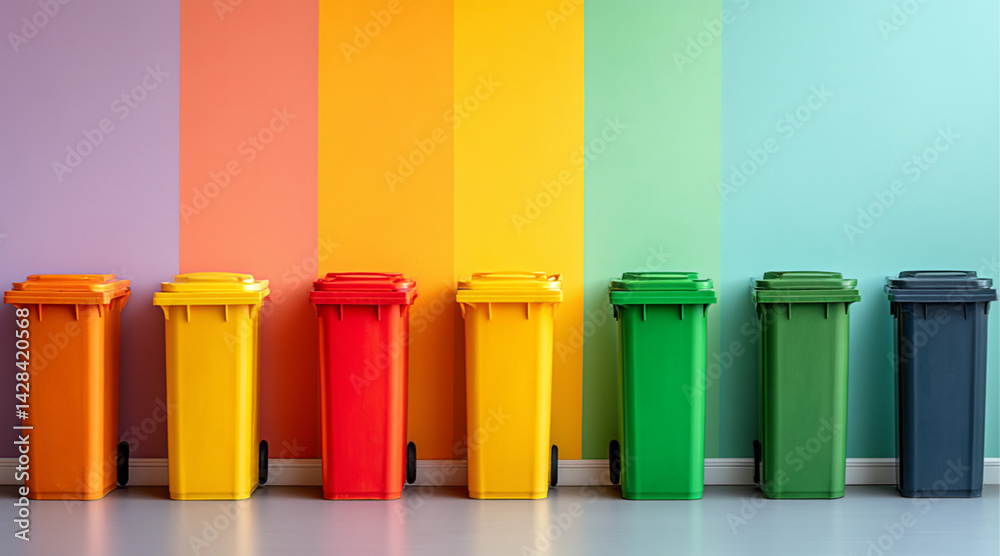 Color-coded recycling bins for waste separation on a minimal pastel background with copy space for text