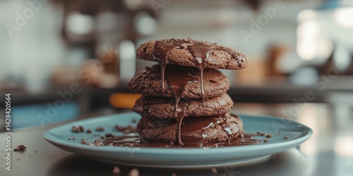 Obraz na płótnie Delicious chocolate chip cookies stacked on a plate. Warm and gooey, these treats are perfect for dessert. Ideal for food photography and baking inspiration. AI w salonie