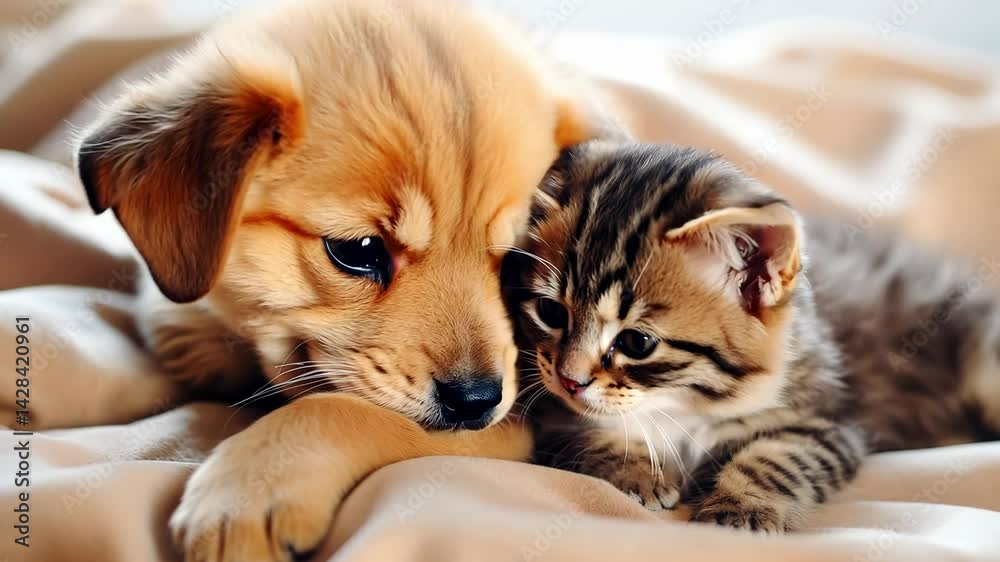 Cute, charming and friendly kitten and puppy sleep together hugging under a blanket. Family member, four-legged friend, pets, pet care, copy space. Cute, charming and friendly kitten and puppy sleep together hugging under a blanket. Family member, four-legged friend, pets, pet care, copy space.